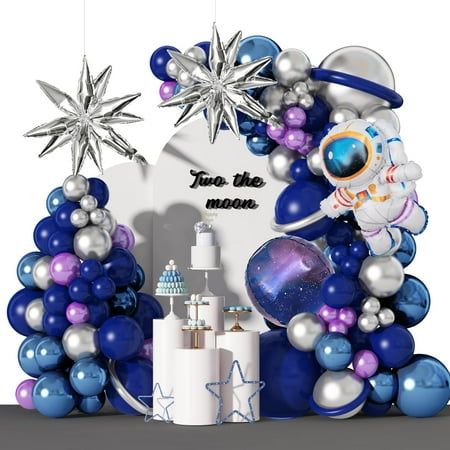 Amandir139pcs Space Balloon PriNst Garland Arch Kit Outer Space Birthday Decorations with Blue Purple Silver Galaxy Astronaut Foil Balloons for Boys Kids Themed Birthday Party Decoration Supplies