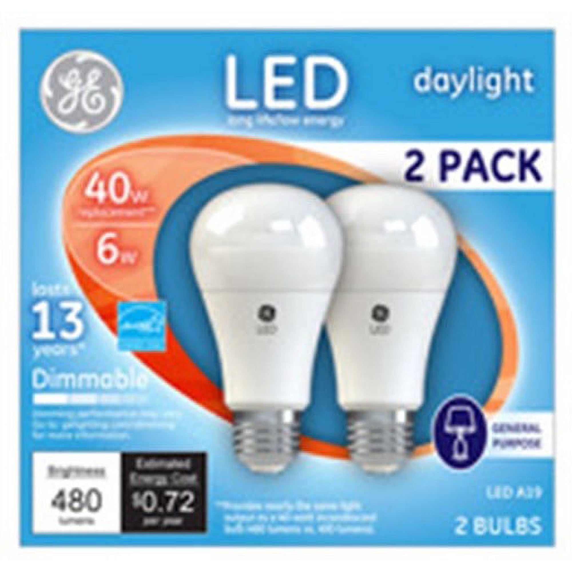 GE Dimmable LED Light Bulbs, A19 General Purpose (40 Watt Replacement LED Light Bulbs), 480 Lumen, Medium Base Light Bulbs, Daylight, 2-Pack LED Bulbs