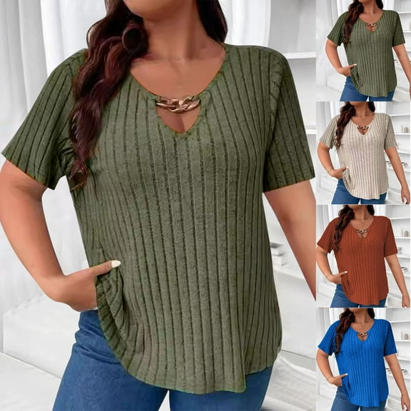 Hvyesh Plus Size Knit Tops for Women V Neck Short Sleeve Tunic Shirt 2025 Summer Casual Shirt Hollow Out Pullover Ofertas de moda