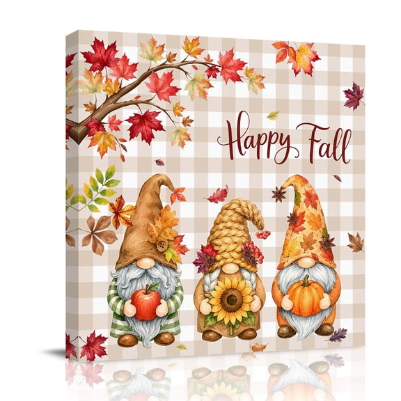 Canvas Wall Art, Fall Gnomes Framed Canvas Prints for Bathroom Desk, Thanksgiving Pumpkin Maple Leaves Brown Plaid Small Gallery Wrapped Wall Decor for Home Office, Gifts, 8"x8" Ship Next Day