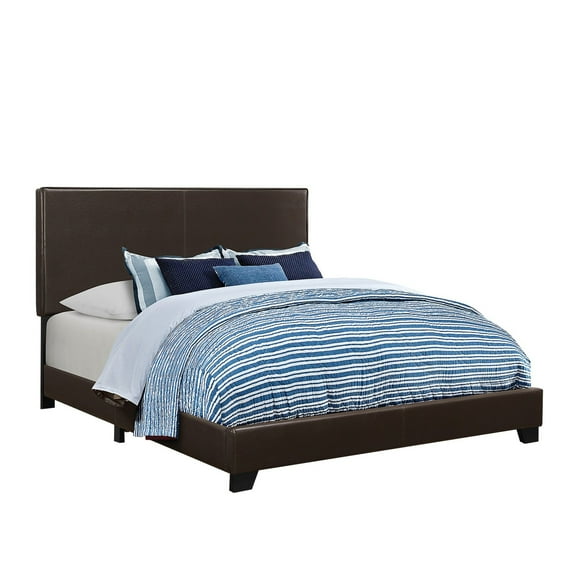 Benjara 80" Transitional Leather Upholstered Eastern King Platform Bed in Brown