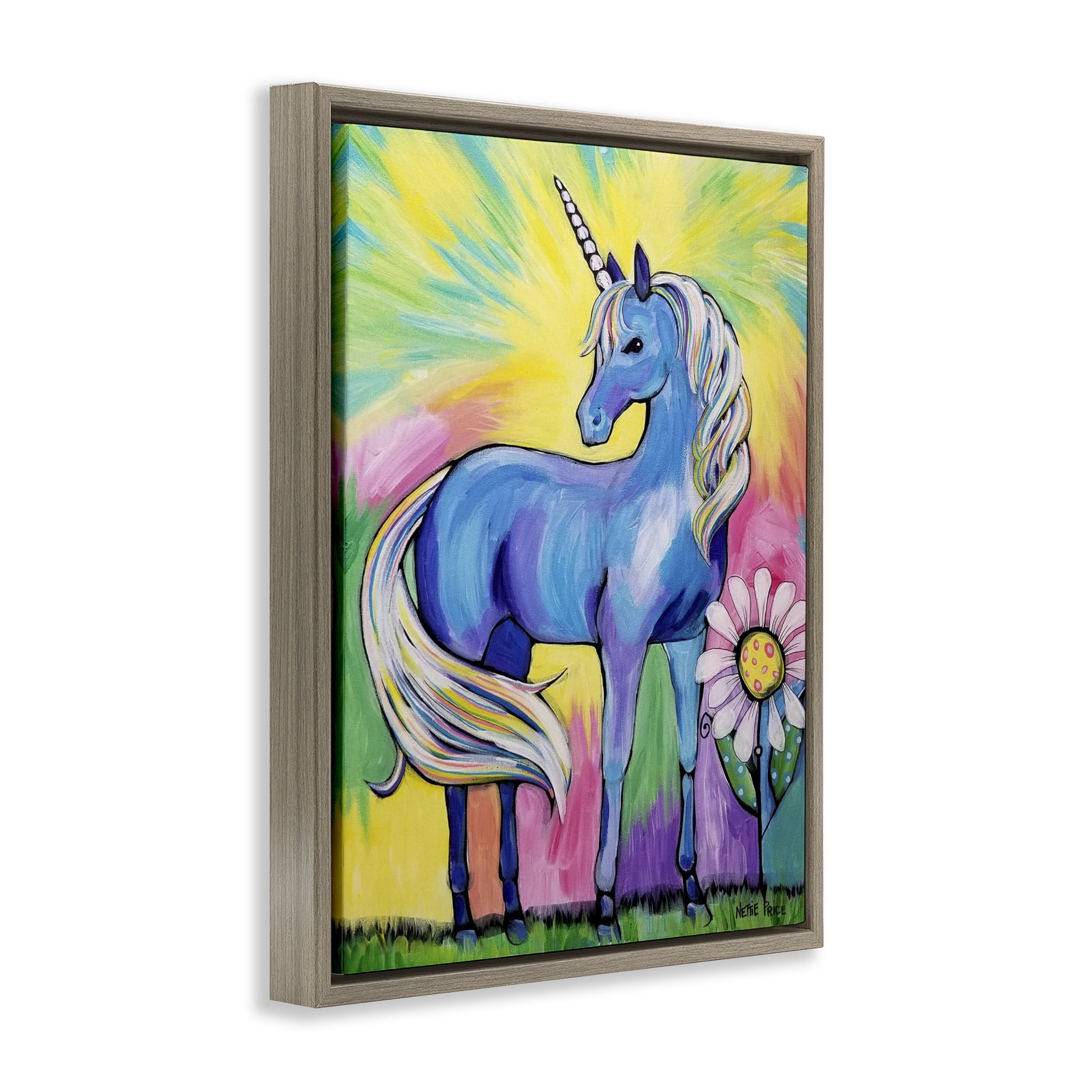 Stupell Industries Magical Unicorn in Rainbow Meadow Brown Framed Floater Canvas Wall Art, design by Nettie Price
