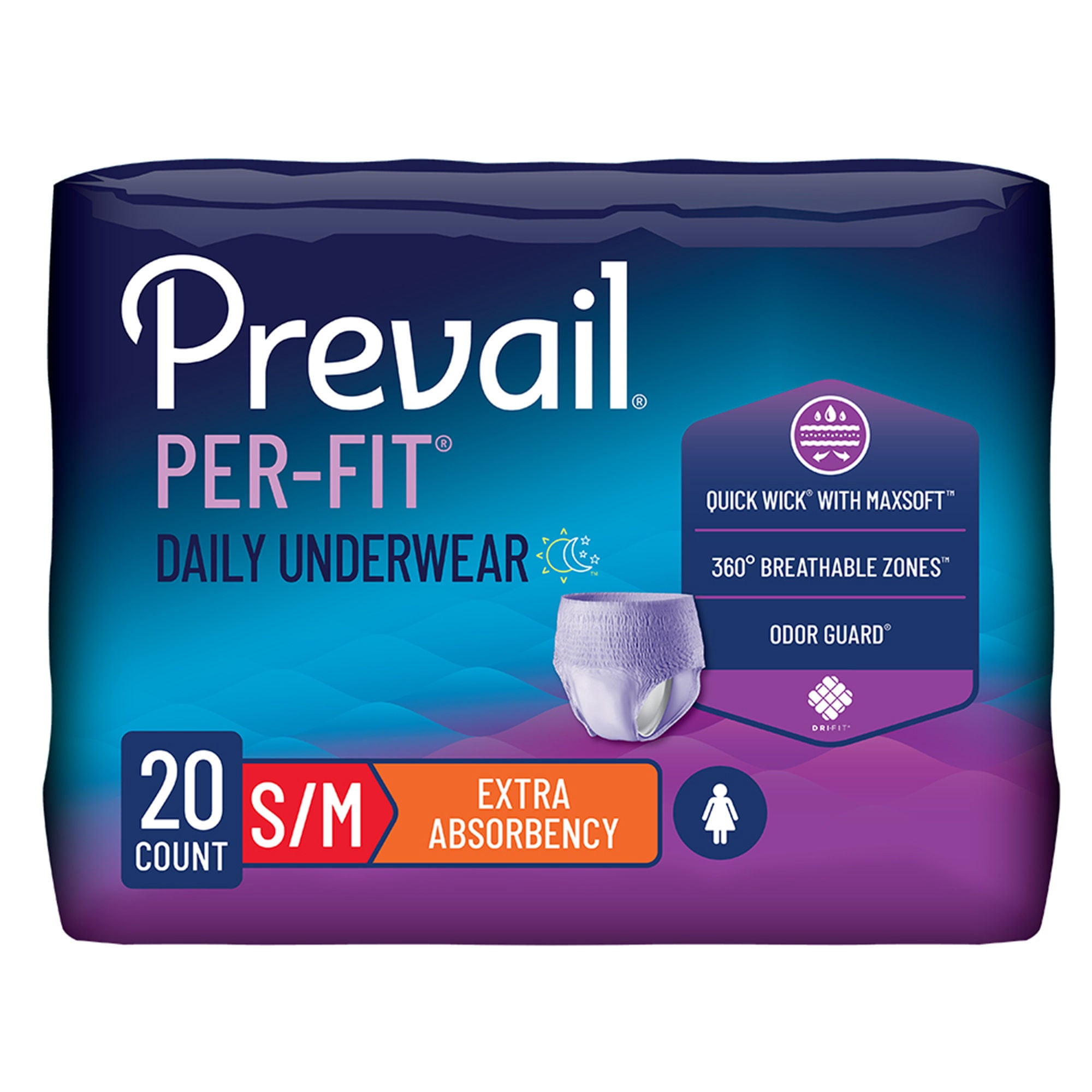 Prevail Per-Fit Incontinence Protective Underwear for Women, Extra Absorbency, Pull On with Tear Away Seams, Medium, Pack of 20