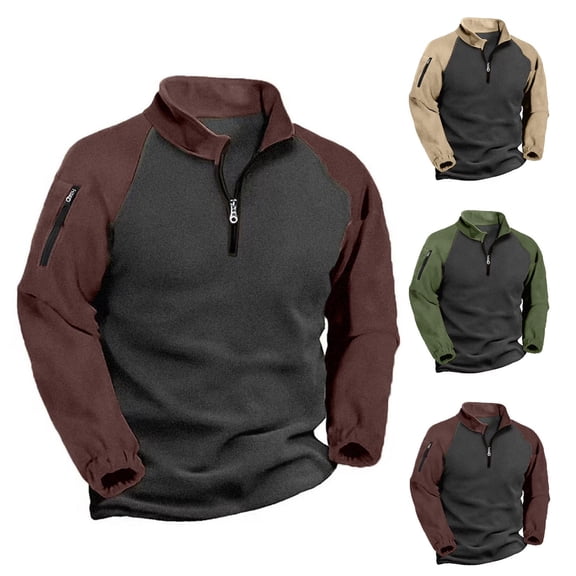 Yaoyar Men's Fleece Color Block Pullover Double Layer Tactical Half Zip Long Sleeve Stand Collar Sweatshirt, Warm Breathable Outdoor Top