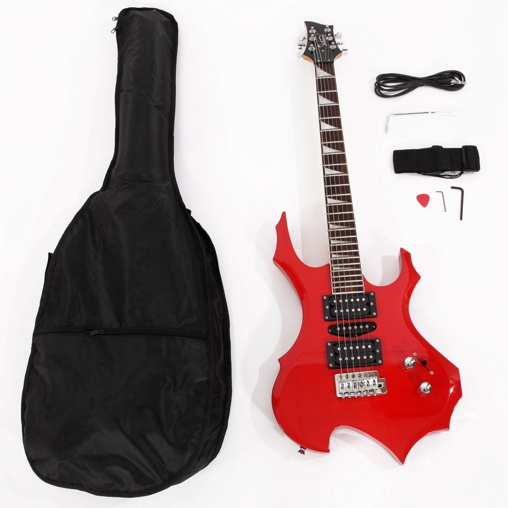 Flame Shaped Electric Guitar with 20W Electric Guitar Sound HSH Pickup Novice Guitar Audio Bag Strap Picks Shake Cable Wrench Tool Red