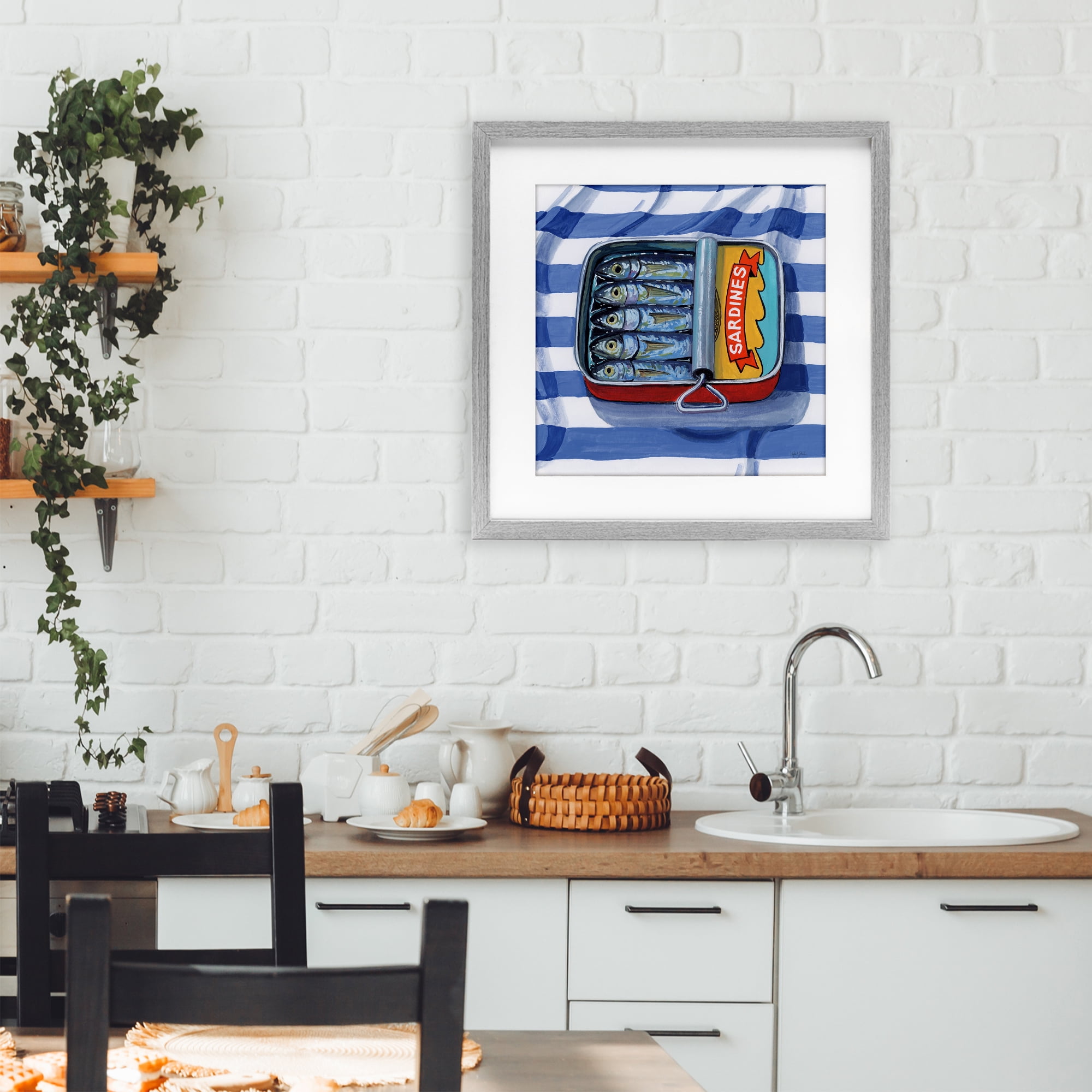 Stupell Industries Sardines On Striped Cloth Gray Framed Print Under Glass, design by Kate Jarvik Birch