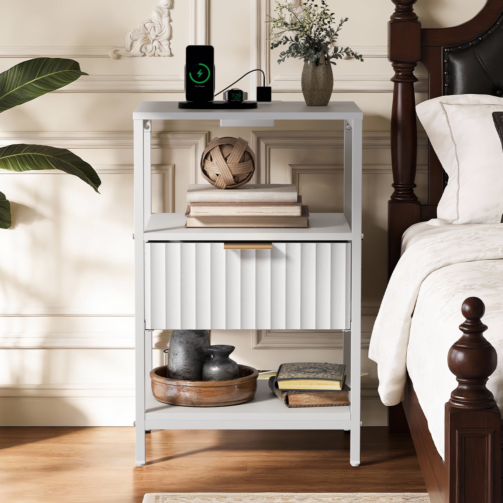Ktaxon Fluted Nightstand with Charging Station End Table with Drawers Bedside Table Furniture for Bedroom, Living Room, White