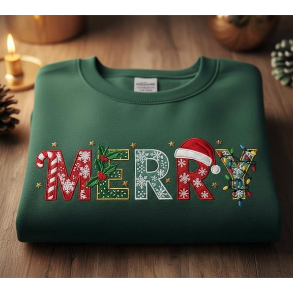 Merry Christmas Sweatshirt Embroidered Festive Word Art Design Cozy Holiday Gift for Her and Him