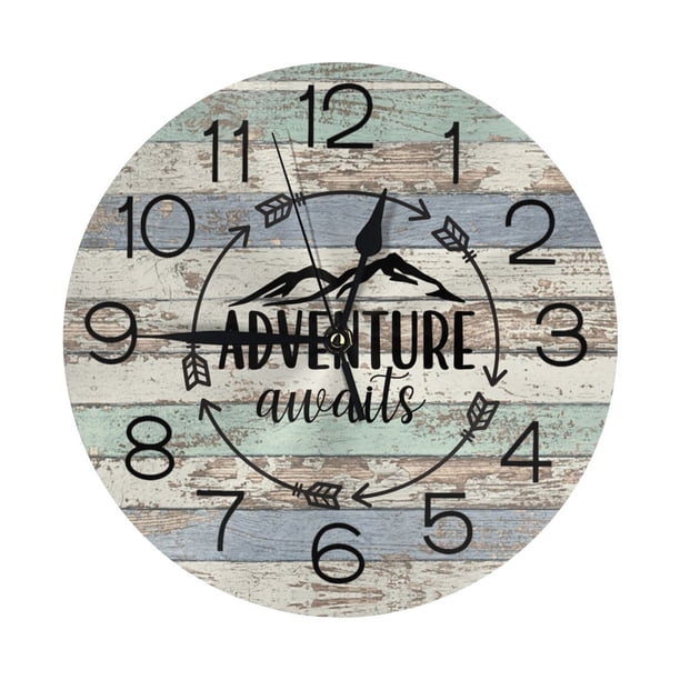 Reloj de pared Adventure Awaits: reloj de pared silencioso de 10 pulgadas que no hace tictac, estilo rústico retro campestre, decorativo para sala de estar, cocina, hogar, baño y dormitorio