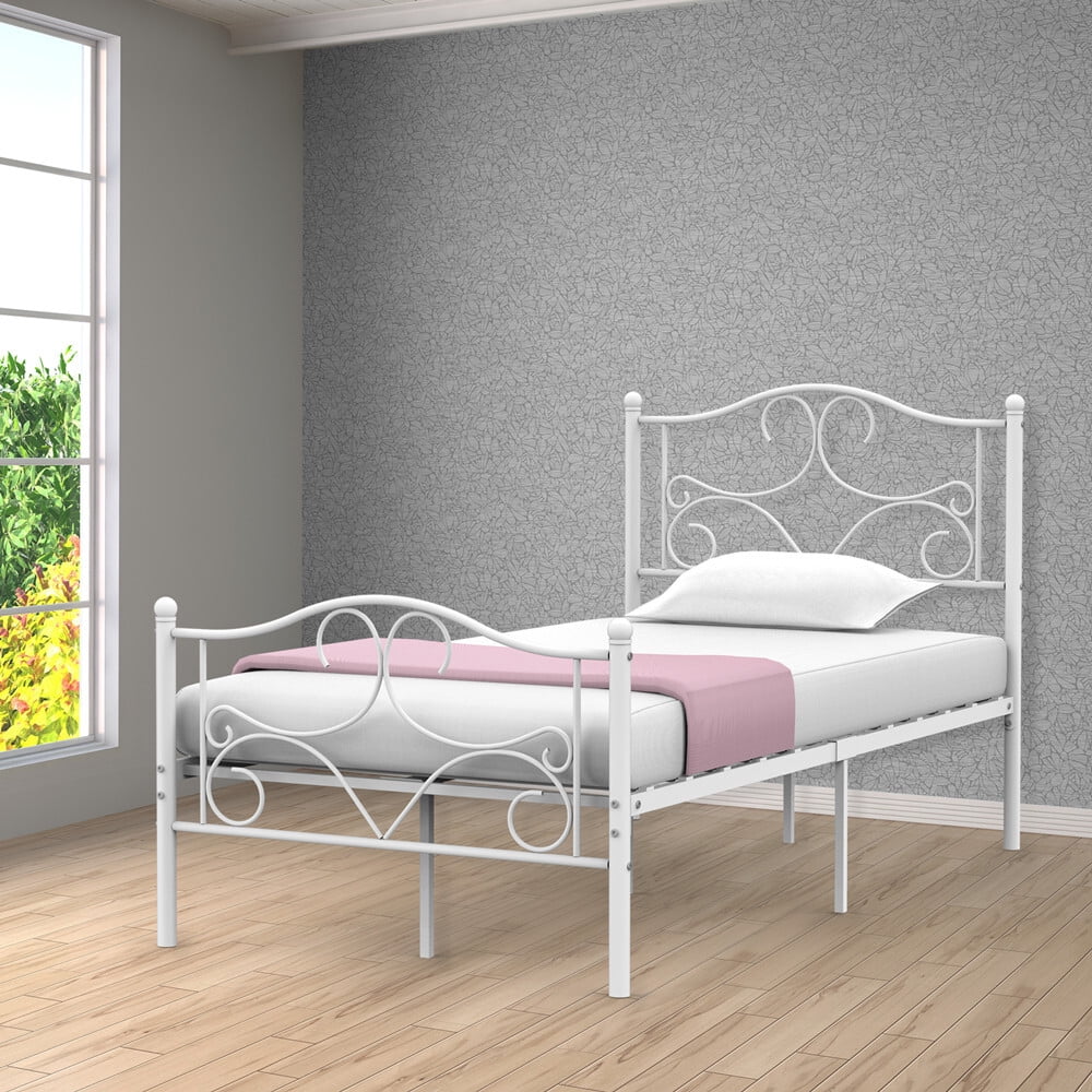HOMERECOMMEND Metal Bed Frame Twin Size White Platform Headboard Footboard NO Box Spring Raplacement Matter Foundation Heavy Duty