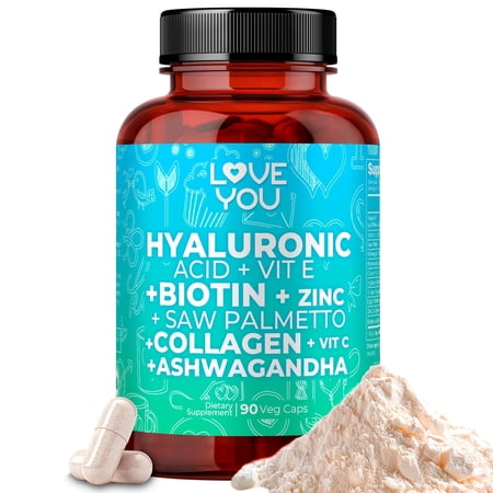 Love You Hyaluronic Acid + Collagen Type I, II, III, V & X + Vitamin C & E + Saw Palmetto + Zinc + Biotin + Ashwagandha |140 Caps | 30 Servings