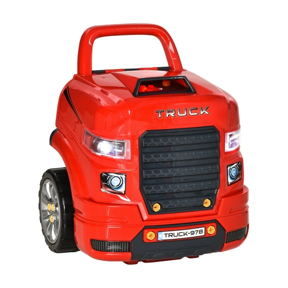 Qaba Truck Engine Toy, Mechanic Car Repair Set, Engine Disassembly Play Workshop, Includes 61 Pieces, Steering Wheel, Horn, Light for 3-5 Years Old, Red