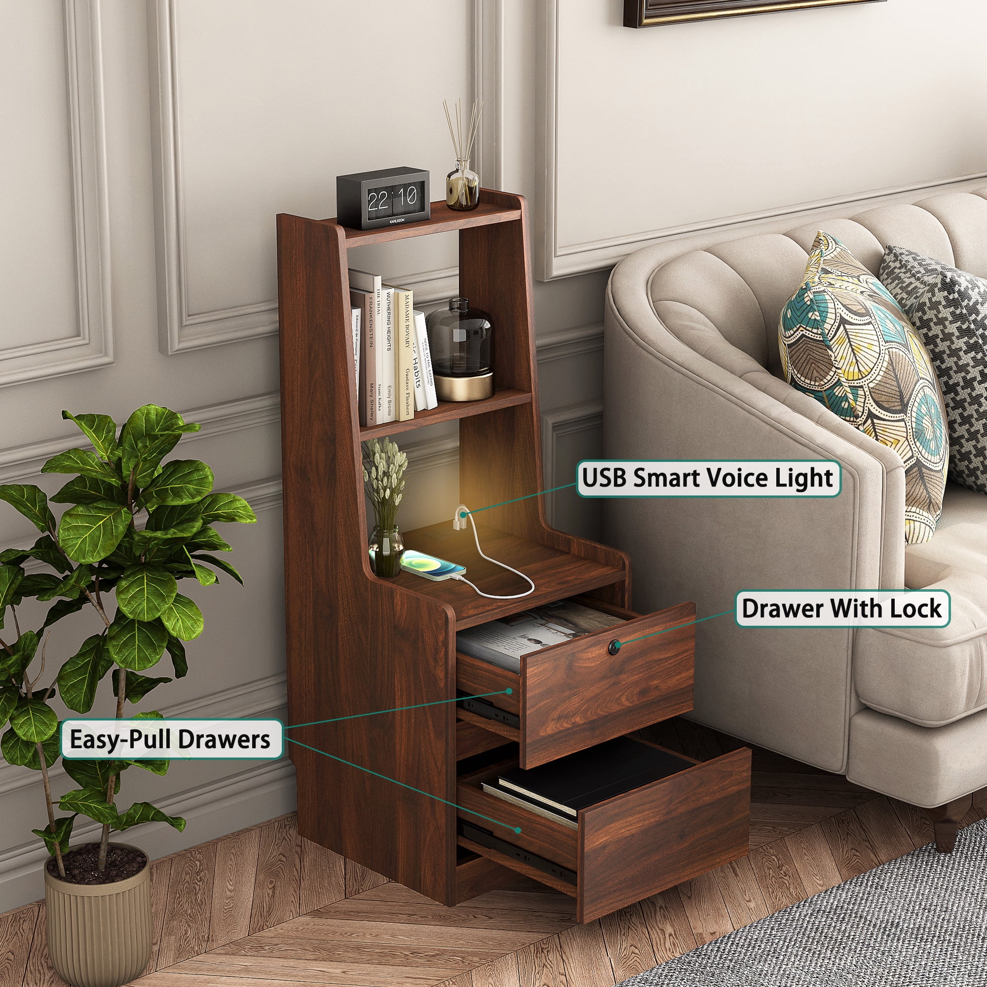 Aukfa Modern Nightstand with Charging Station & Night Light,Bedside Tables for Bedroom,Brown