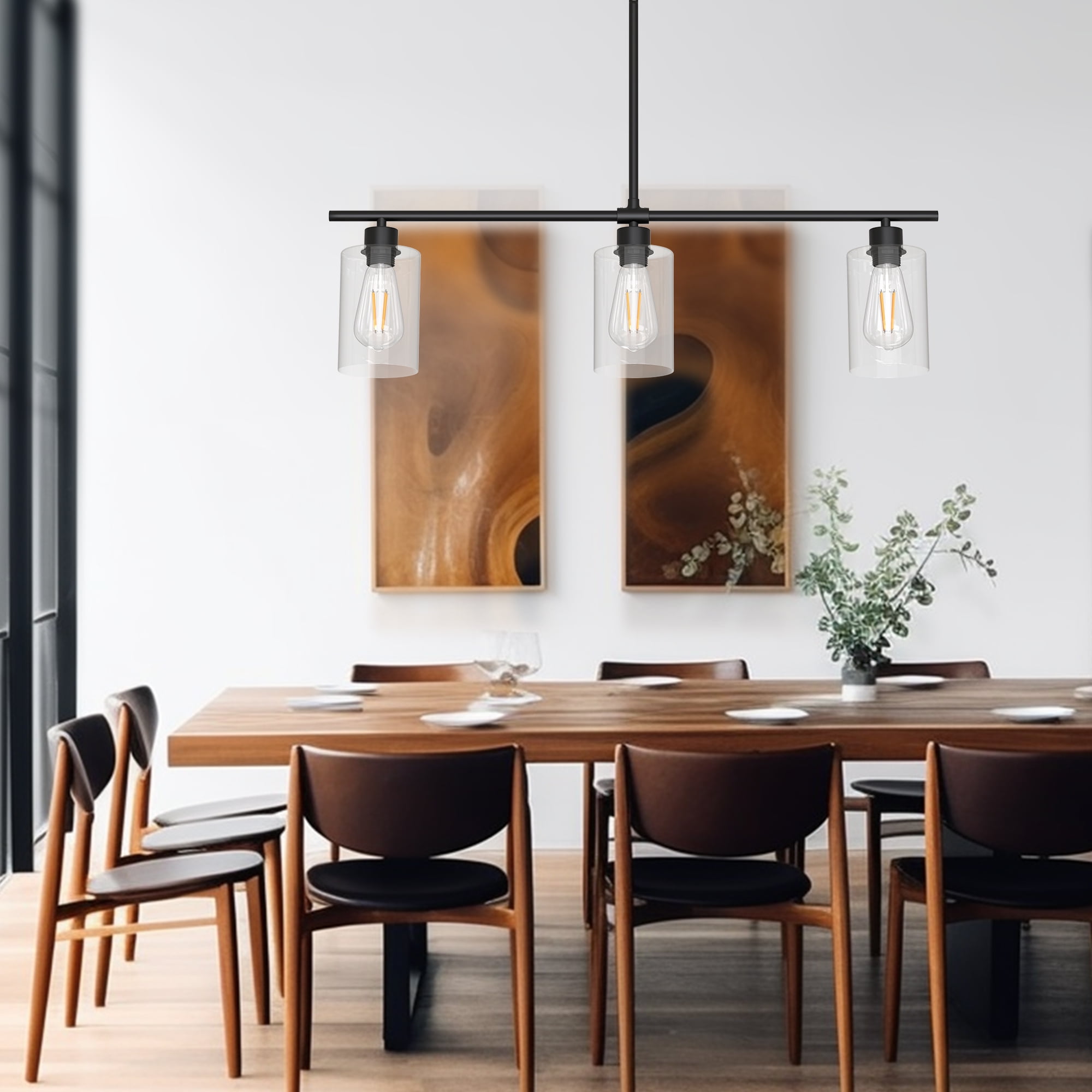 YANSUN 3-Light Linear Pendant Lights, Modern Black Fixture with Clear Glass Shades