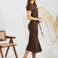 thumbnail image 4 of Sngxgn Women's Casual Fall Dresses Long Sleeve Wrap V Neck High Low Ruffle Dress(Brown,L), 4 of 7