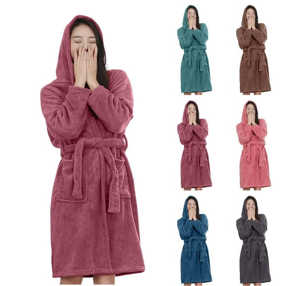 Meichang Women's Fuzzy Bathrobe Hooded Plush Fleece Long Sleeve Winter Robe Fluffy Cozy Kimono Robes Soft Pockets Loungewear
