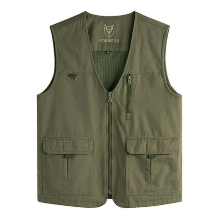 IYTR Men s Utility Waistcoat Multi Pocket Zippered Outdoor Work Fishing Waistcoat Sleeveless Jacket Breathable Lightweight Breathable Army Green XXL