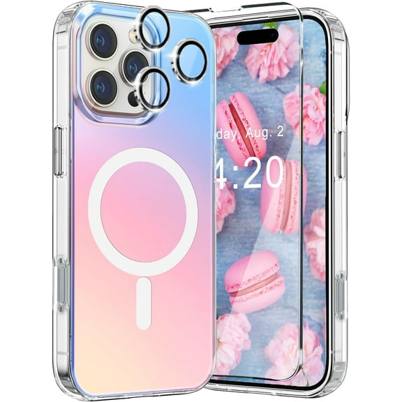 WATEFULL for iPhone 16 Pro MagSafe Case Iridescent Color Change, Fluorescent Glitter Matte Magnetic Bumper Case  1 Screen 1 Camera Lens Protector for Women Girl iPhone 16 Pro 6.3"(Holographic)