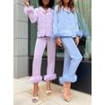 thumbnail image 2 of Women Feather Trim Sleepwear Comfy Soft Long Button Down Pjs Set Pajamas Set, 2 of 4