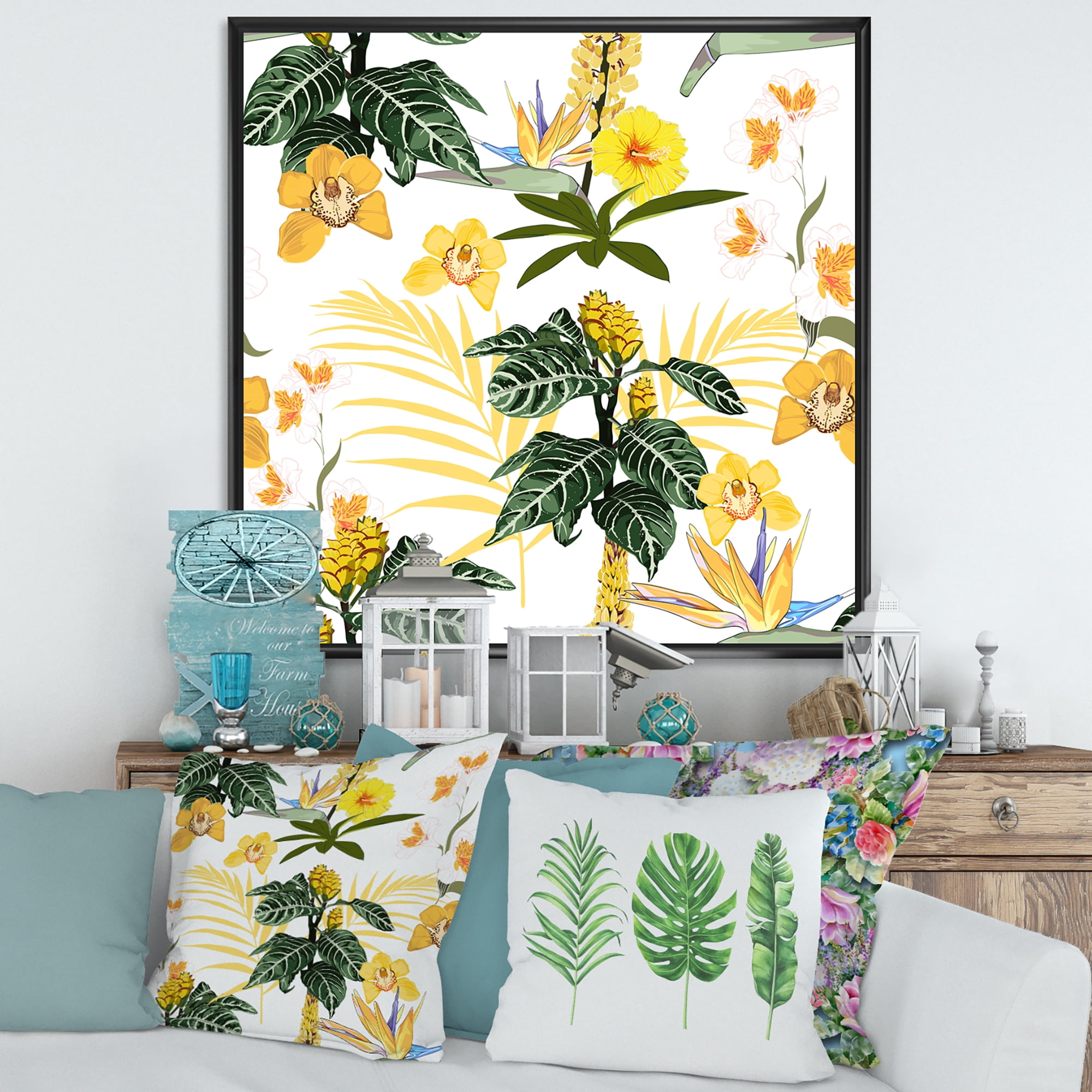 Designart 'Pattern Of Beautiful Yellow Flowers ' Modern Framed Canvas Wall Art Print