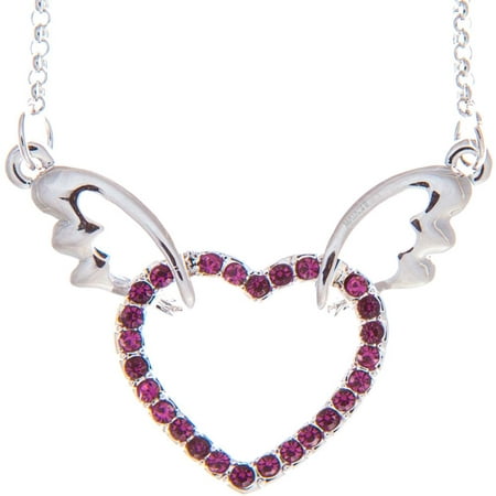 Rhodium Plated Necklace with Winged Heart Design with a 16 Extendable Chain and High Quality Dark Purple Crystals by Matashi