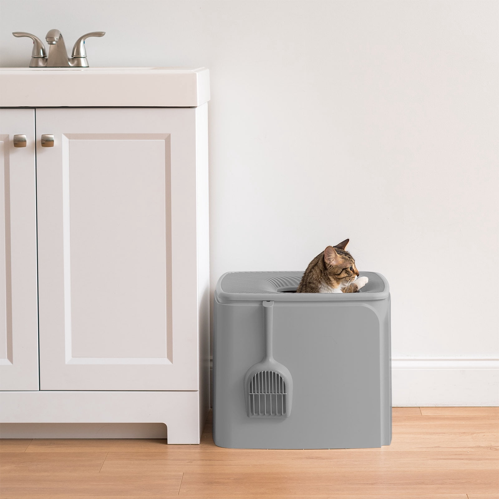 IRIS Premium Square Top Entry Cat Litter Box with Scoop, Kitty Litter Pan with Litter Particle Catching Cover and