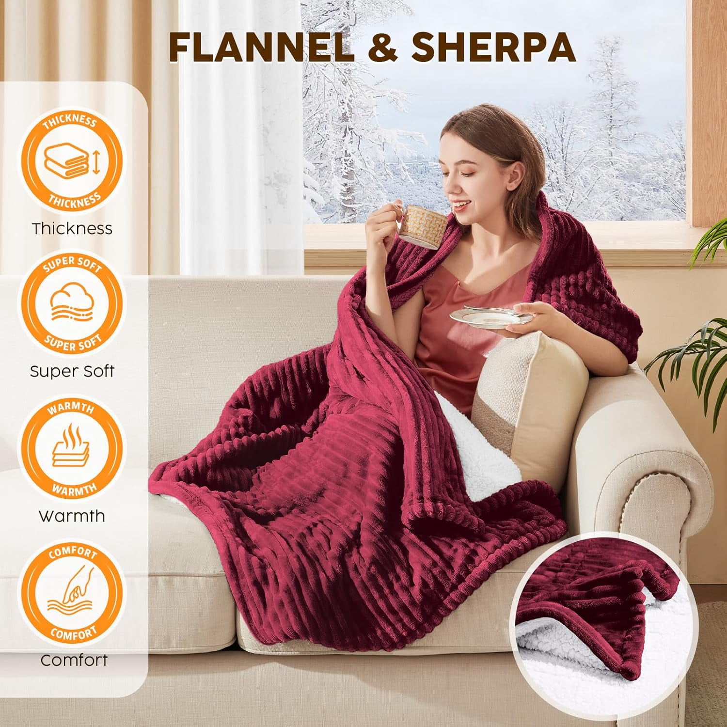 Heated Blanket Electric Twin, Soft Flannel Sherpa Heater 5 Heat Settings and 10 Hours Auto Shut-Off Heating Blanket Over-Heat Protection Machine Washable,Red