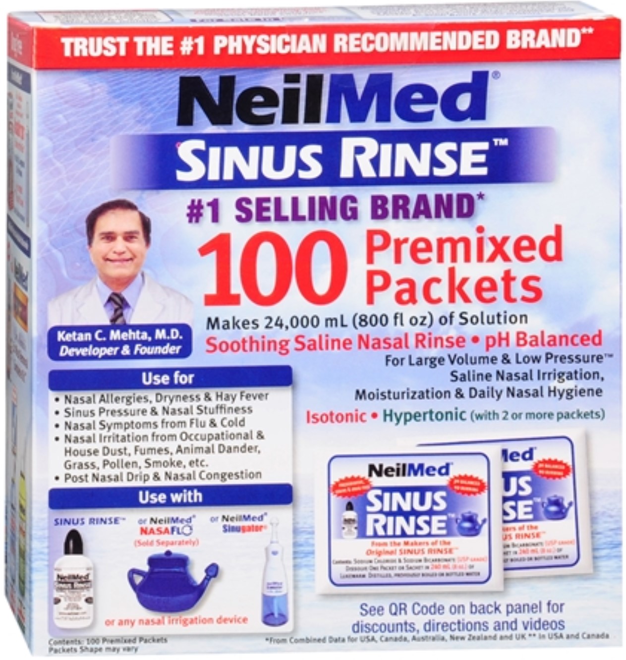 NeilMed Sinus Rinse Premixed Refill Packets 100 Each (Pack of 6)