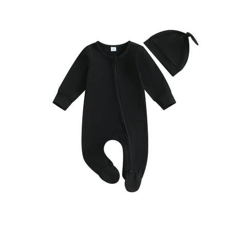 

KelaJuan Baby Girls Boys Footies Rompers Infant Clothes Solid Color Crew Neck Long Sleeve Zipper Fall Bodysuits with Hat