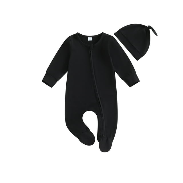 xiaxaixu Baby Girls Boys Footies Rompers Infant Clothes Solid Color Crew Neck Long Sleeve Zipper Fall Bodysuits with Hat