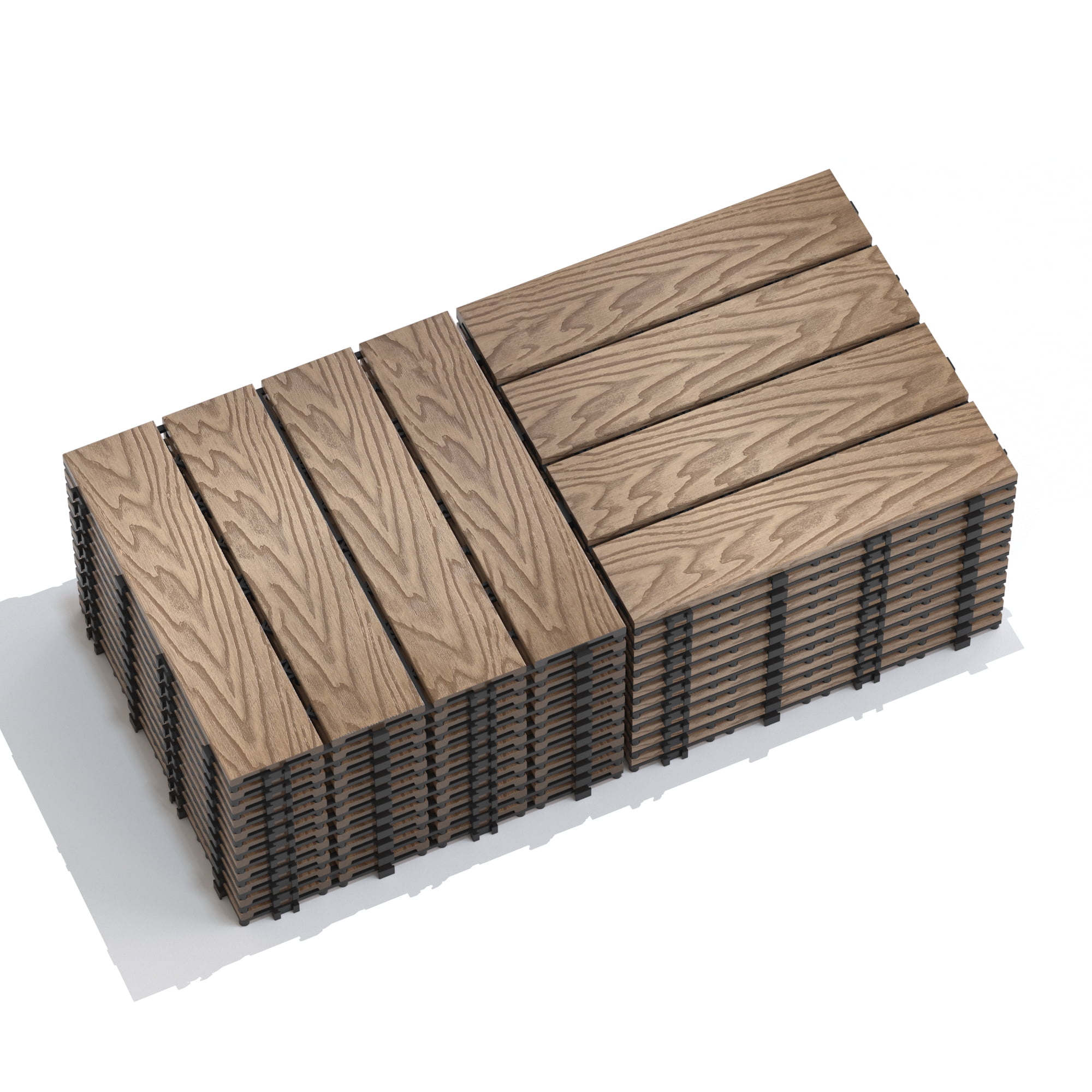 Patio Deck Tiles, Pack of 11 DIY Interlocking Wood Plastic Flooring Tiles for Porch Balcony Backyard Outdoor Yard, 3D Teak