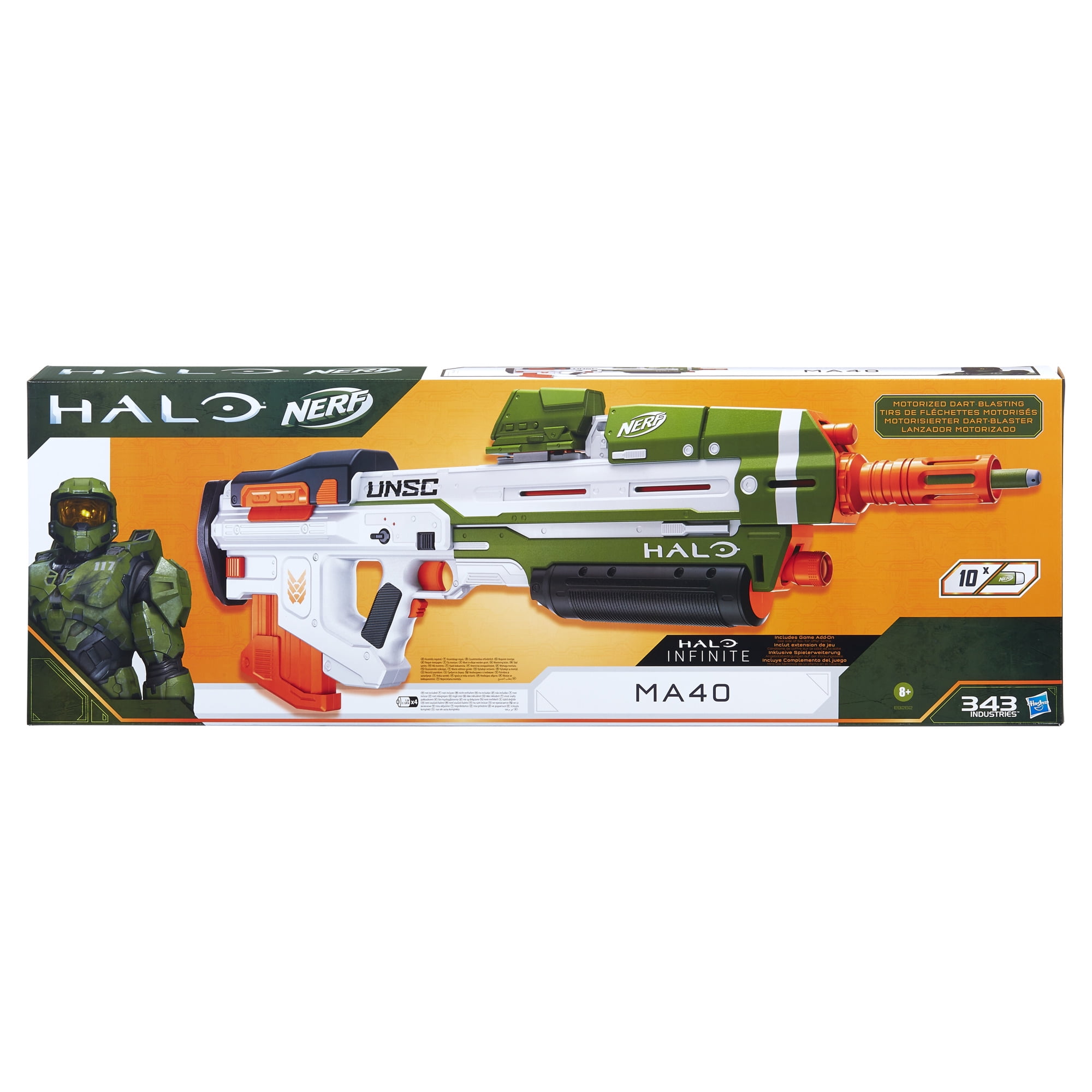 Nerf Halo MA40 Motorized Blaster, Removable 10-Dart Clip, 10 Darts