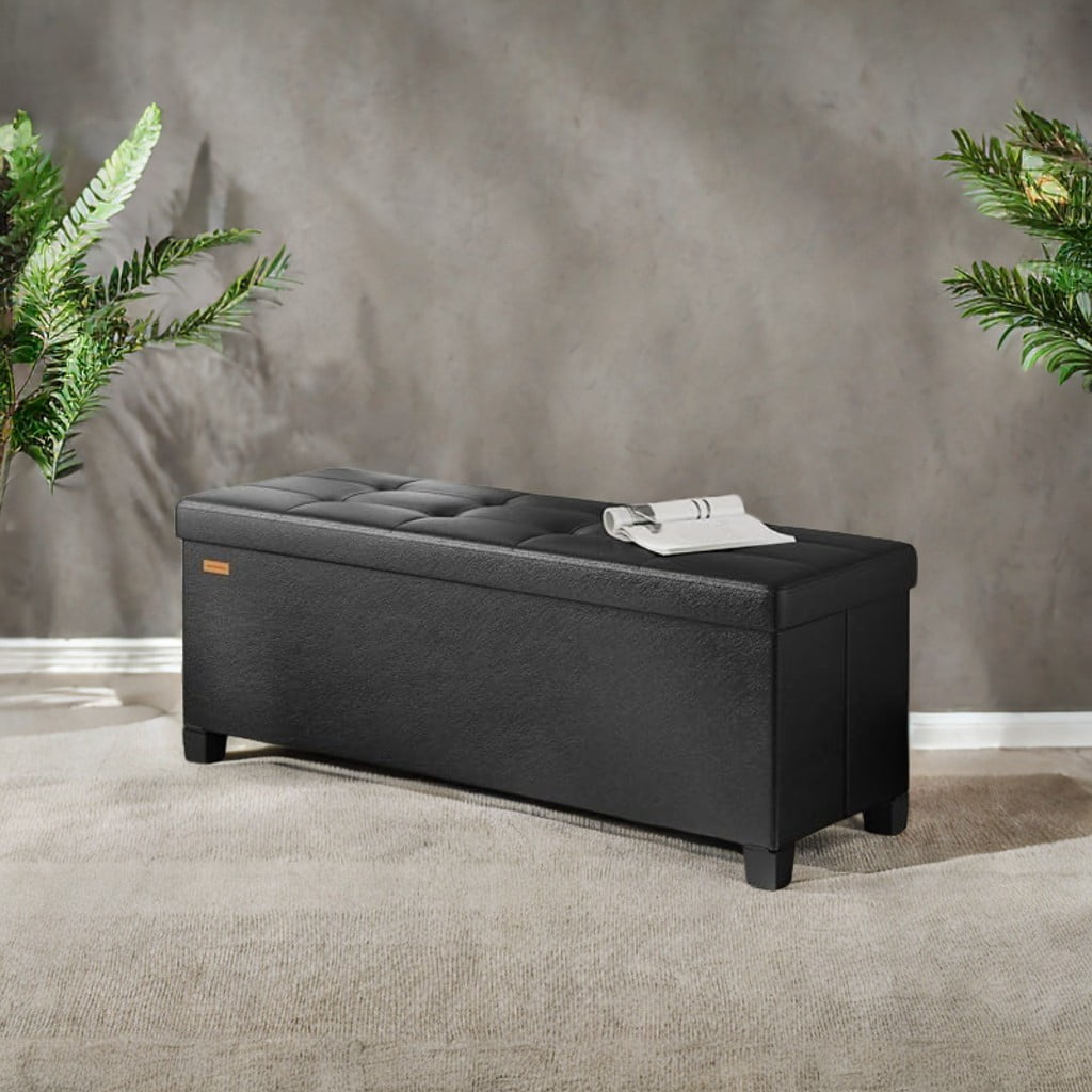 LEDREM 43-Inch Storage Ottoman Bench, 660 lb Capacity Foldable Footrest with 30 Gallon Storage, Synthetic Leather, Ink Black
