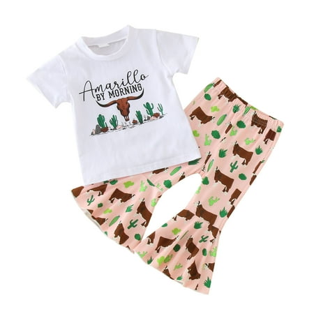 

GWAABD Toddler Girl Set White Cotton Blend Toddler Girls Short Sleeved Letter Calf CactusTops Flared Pants 2PCS Outfits Clothes Set for Babys Clothes 100