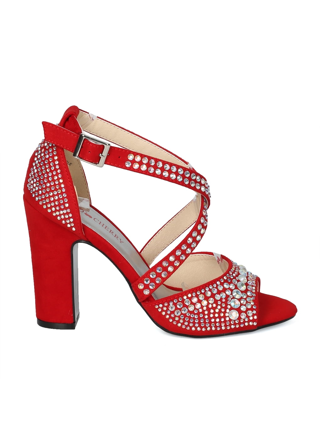 red rhinestone block heels