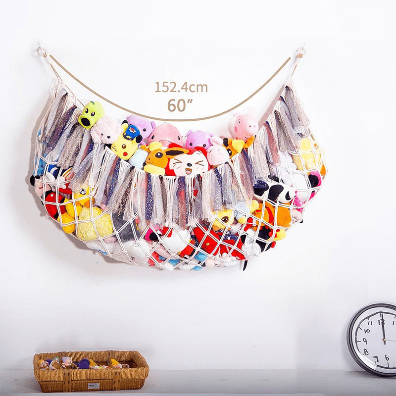 Large plush toy net or hammock for toy storage in children's rooms, bedrooms, and playrooms, with a lightweight wall-mounted storage organizer - Beige toy net