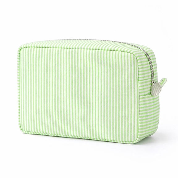 Aspire Seersucker Stripe Makeup Bag with Metallic Zipper Closure, Large Travel Cosmetic Bag-Green