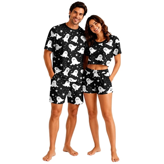 Halloween Pjs, Halloween Couple Matching Pajamas Set, Black White Ghost Star Short Sleeve Loungewear, Crop Top & Shorts Sleepwear, Soft Cozy Holiday Nightwear for Summer & Casual Home Wear, L