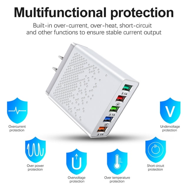 Save 15% on Essentials! USB 5 Port Wall Charger Portable Fast Charger For Smart Devices Like Phones, Laptops