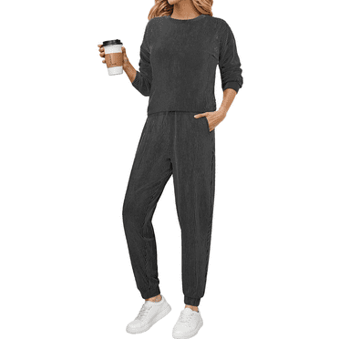 Fantaslook Two Piece Sets for Women Crewneck Long Sleeve Ribbed Sweatsuits Pullover Lounge Set with Pockets Casual Tracksuit Fall Outfits