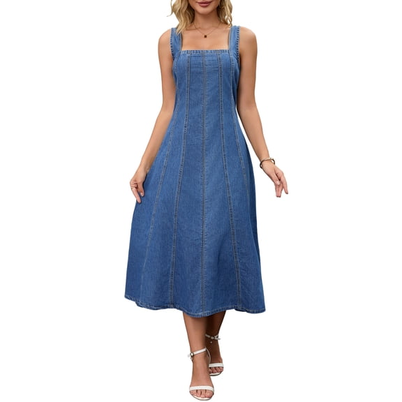 DARING DIVA Women's Sleeveless Denim Square Neck Swing A Line Midi Dresses S Midi Blue