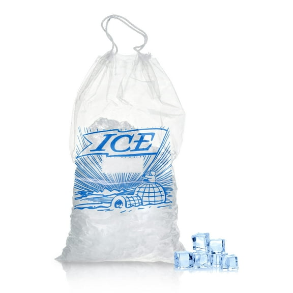 Pack of 500 Printed Metallocene Ice Bags 10 lb, 12 x 19. Polyethylene Bags with Drawstring Closure 12x19. Thickness 1.35 Mil Thick. Ideal for Industrial, Food Service, Health Applications