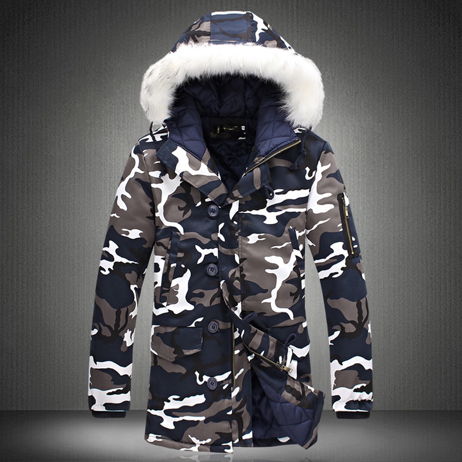 XZNGL Men Mid length Hooded Camouflage Zipper Buttons Warm Collar Cotton Jacket Coats