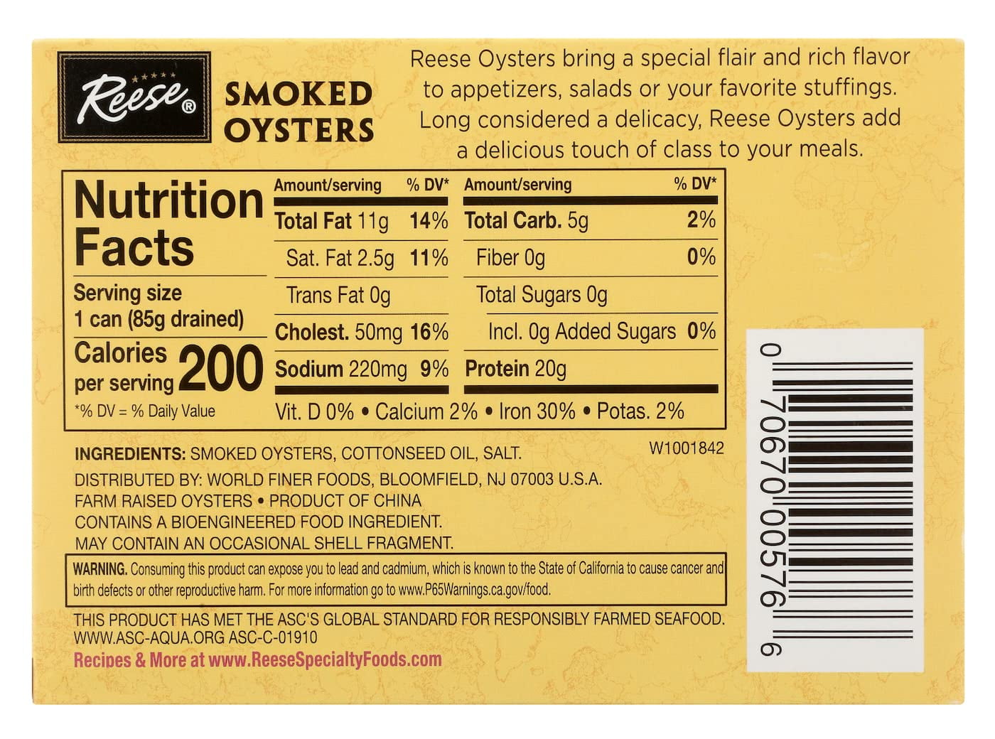 (2 pack) Reese Large Smoked oysters, 3.7 OZ