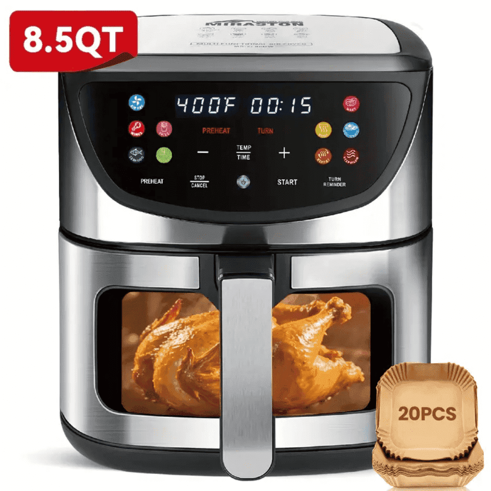 MIRASTON 8.5QT Large Air Fryer with Viewing Window, 10-in-1 Digital Family Size Air Fryer, Dishwasher Safe, Healthy Oil-Free Cooking, Stainless Steel, Black