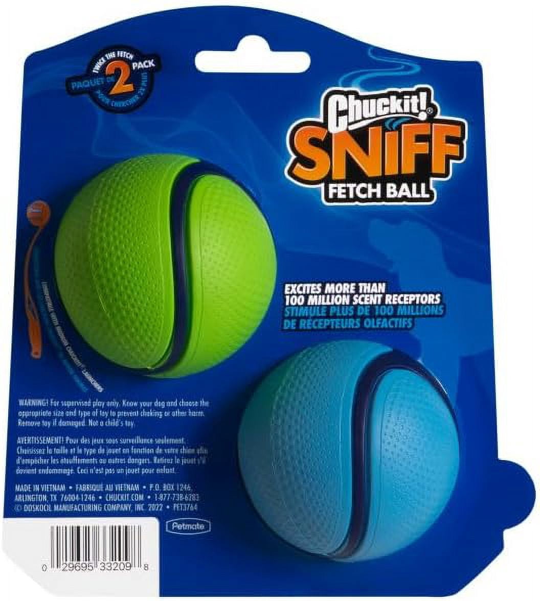 Chuckit! Sniff Fetch Ball Durable High Bounce Rubber Dog Toy, Peanut Butter & Bacon Scented, Medium 2.5" for Dogs 20 to 60 lb, Blue, Green & Blue, Pack of 2