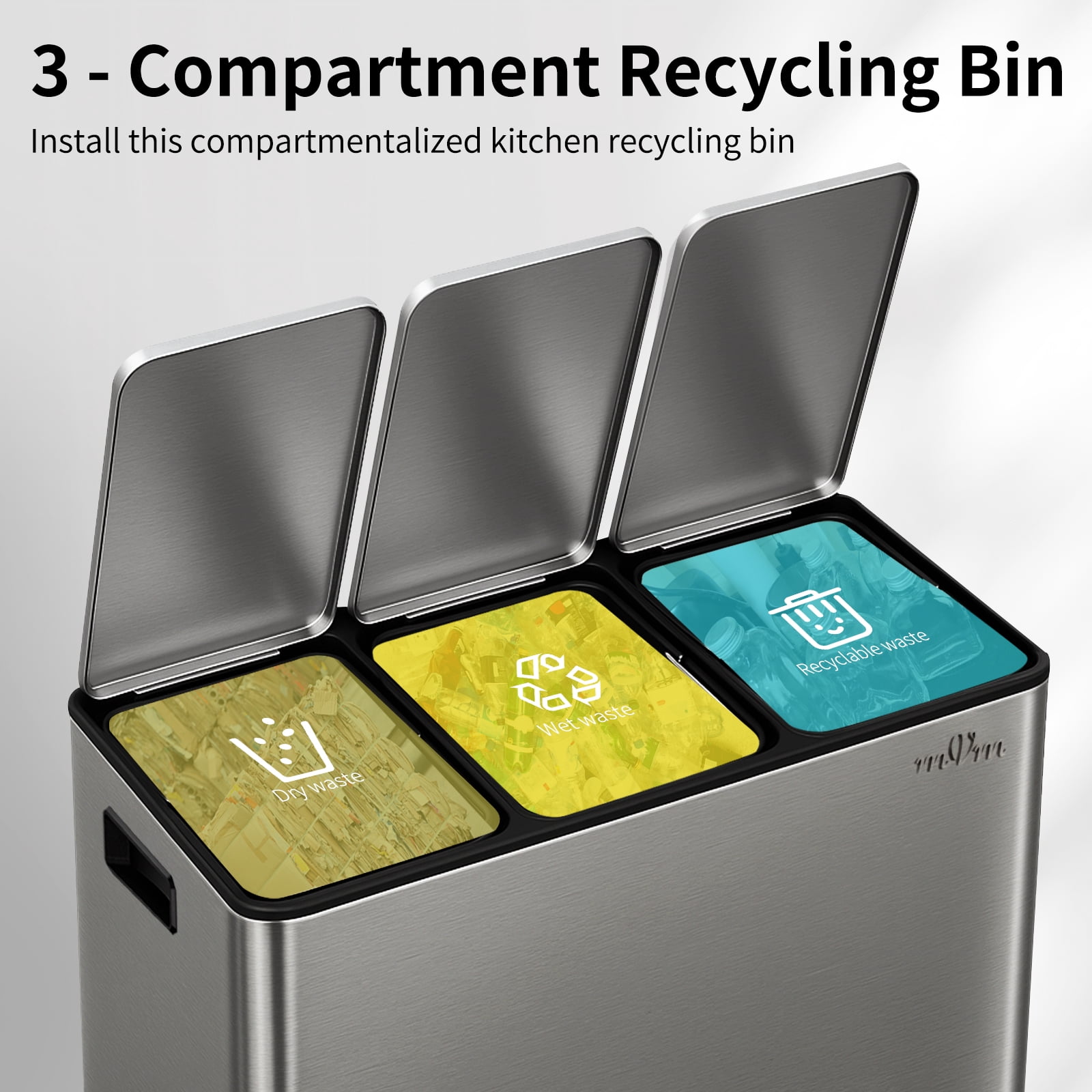 mVm 12 Gal 3 Compartment Trash Can, Triple Step Trash Can with Lid, Modern Kitchen Office Garbage Can（Gray）