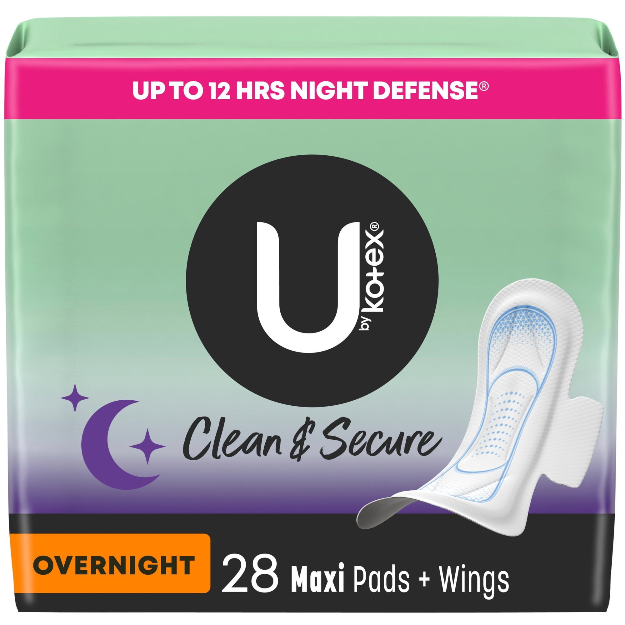 U by Kotex Clean & Secure Overnight Maxi Pads with Wings, 28 Count