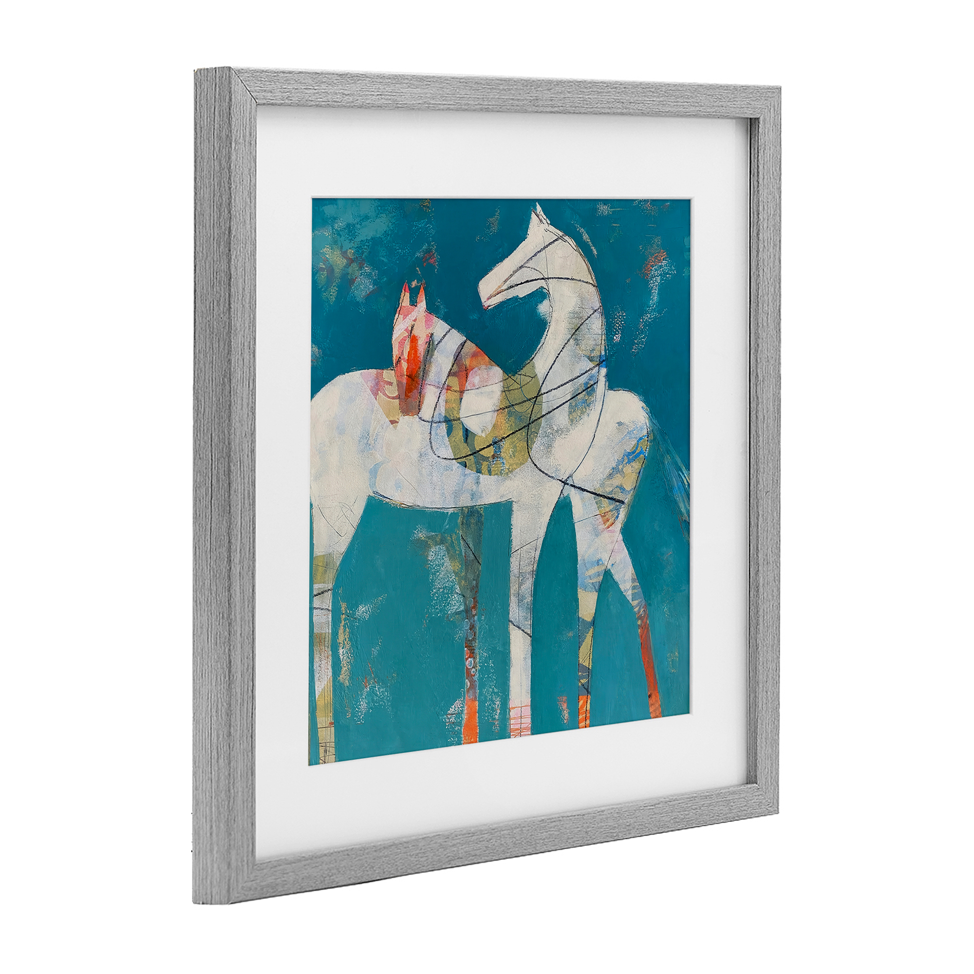 In Sync Abstract Horse Pair Gray Framed Print Under Glass, design by Dianna Fritzler