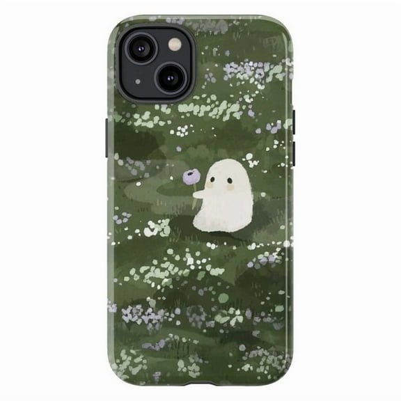 Cute Little Ghost in Wildflower Field Phone Case, Cozy Pastel Botanical and Spooky Charm Phone Cover for iPhone 16 15 14 13 12 11 Pro Max Mini Plus